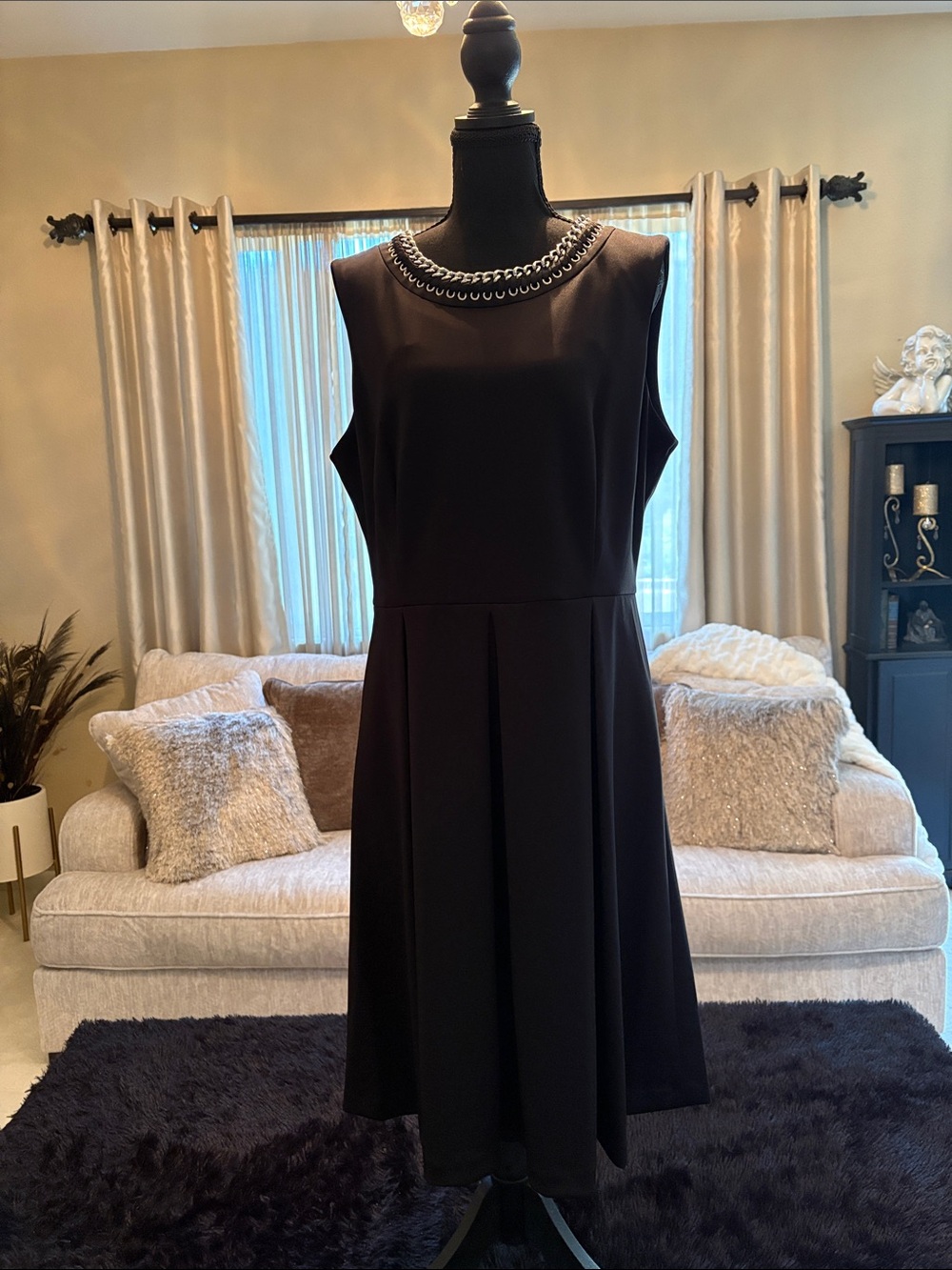 Karl Lagerfeld Black Sleeveless Midi Dress with Chain-Detail Neckline